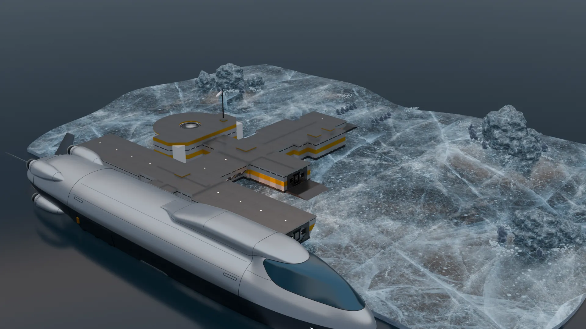 Seen from above: a station of low flat-roofed halls on an ice floe, with a long grey carrier moored along its edge.