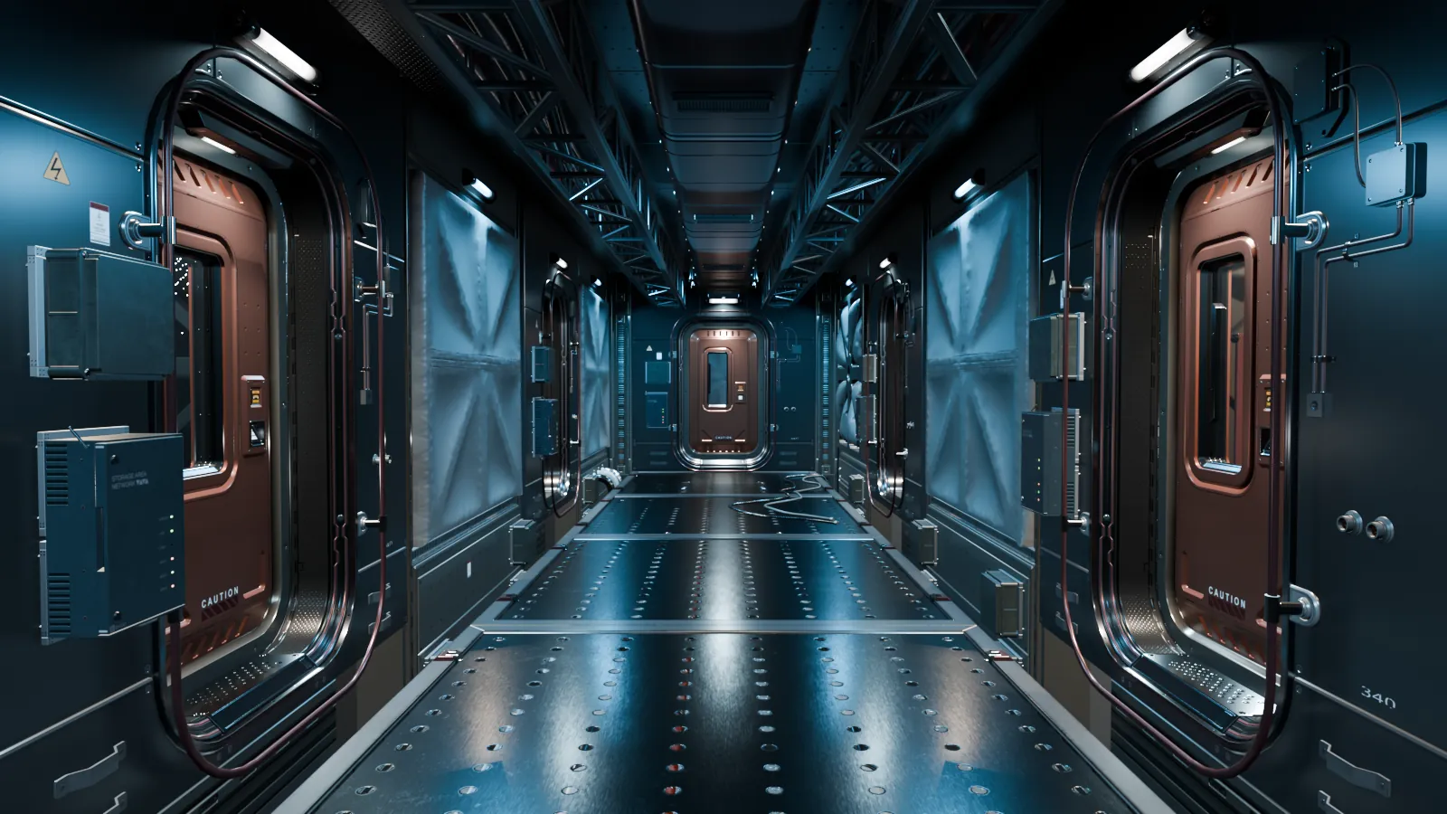 A blue-lit passage lined with heavy pressure doors.