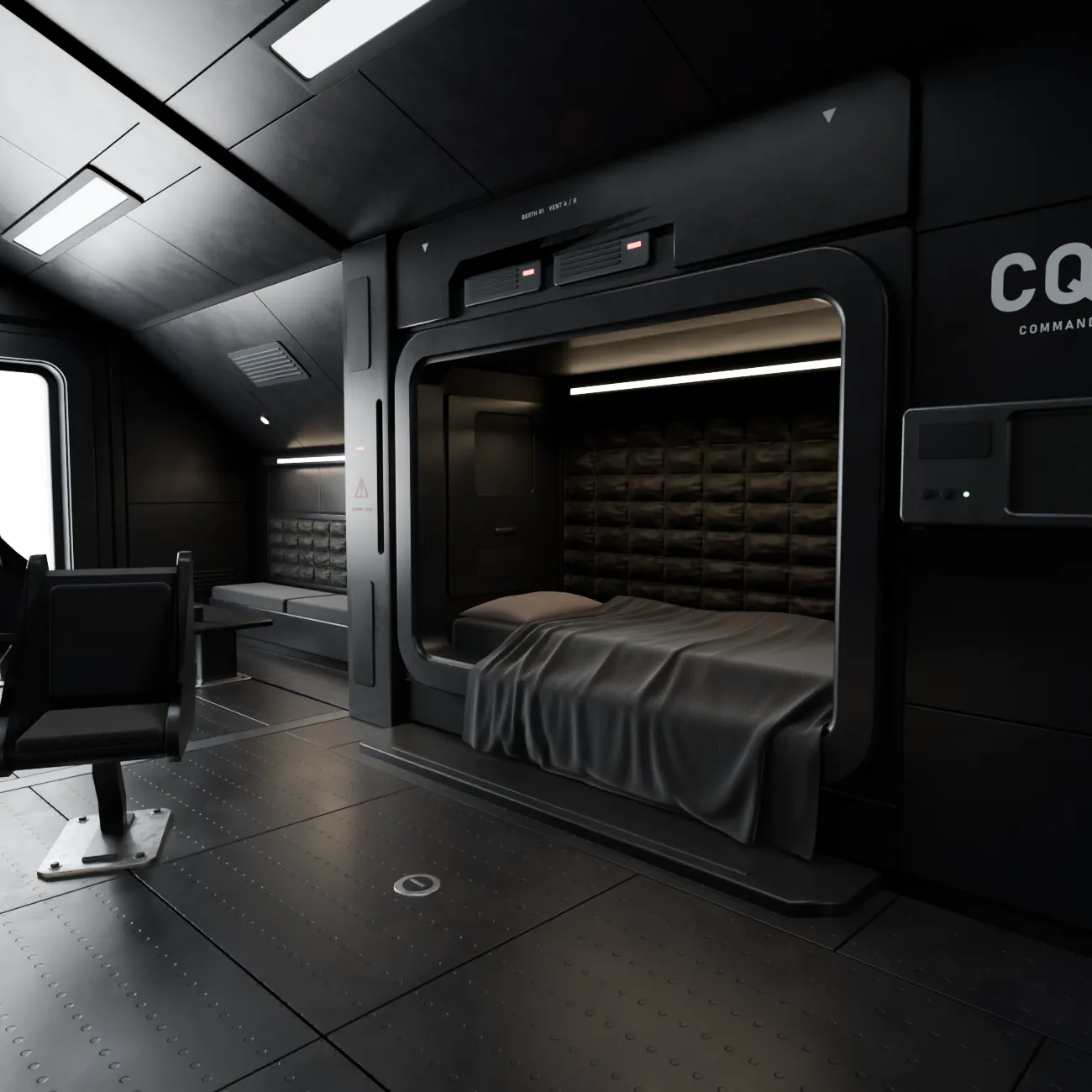A black cabin with a bunk set into a padded alcove.