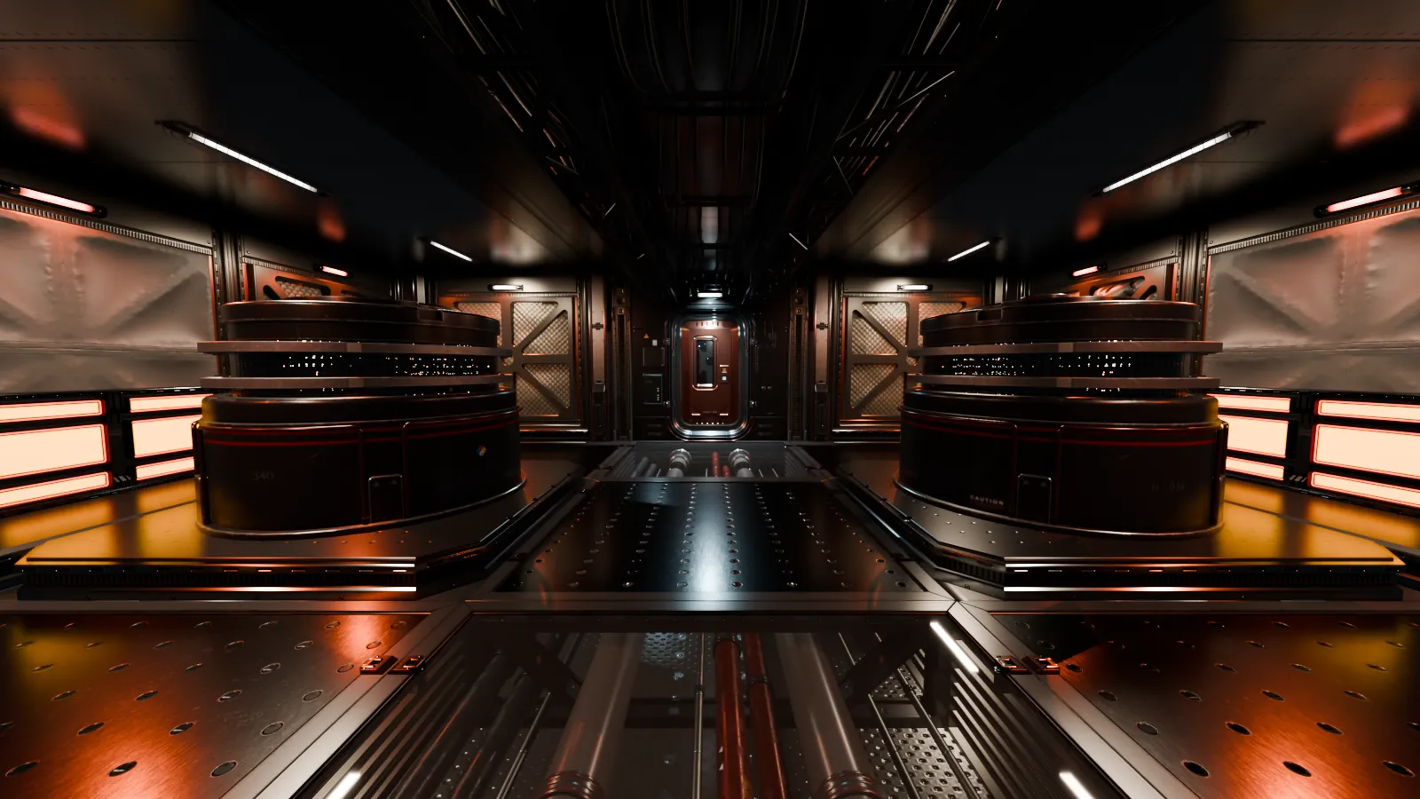 A wide dark room lit orange, with two round reactor vessels either side of a walkway.
