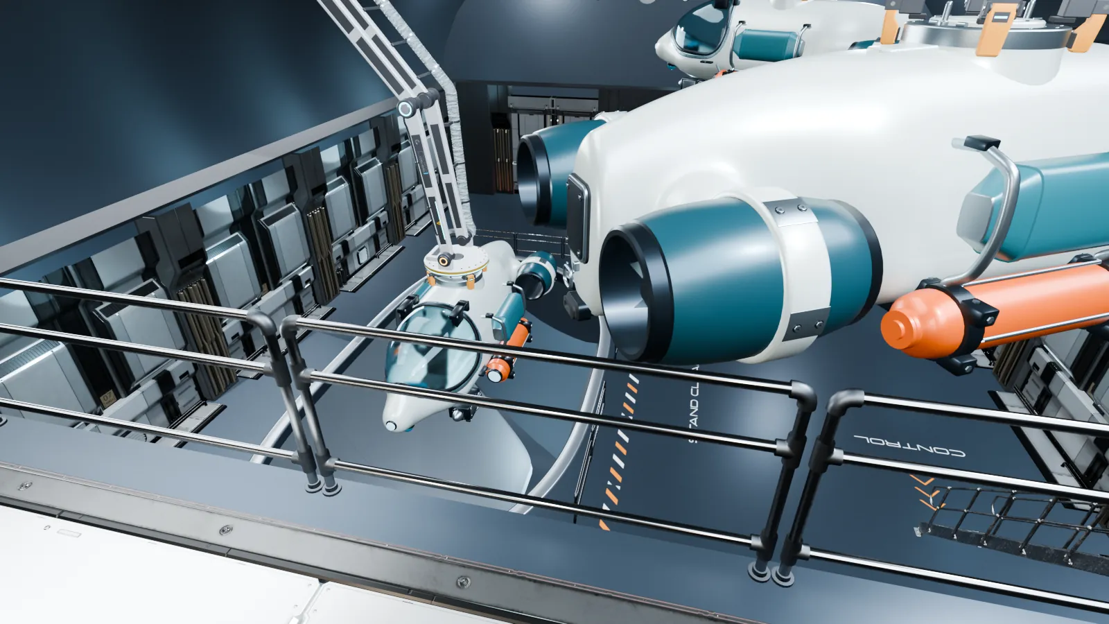 A white and teal submarine hanging from an arm over a railed gallery inside the carrier.