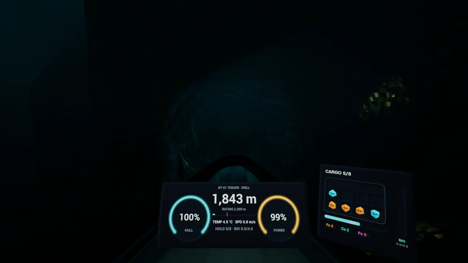 A Tender's dashboard in a dark cave: hull at 100 percent, depth 1,843 m, and a cargo display with five ore boxes.