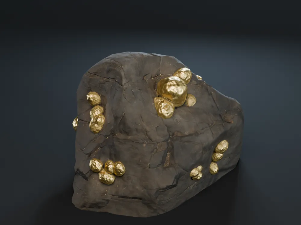 A dark rock with dull gold nodules.
