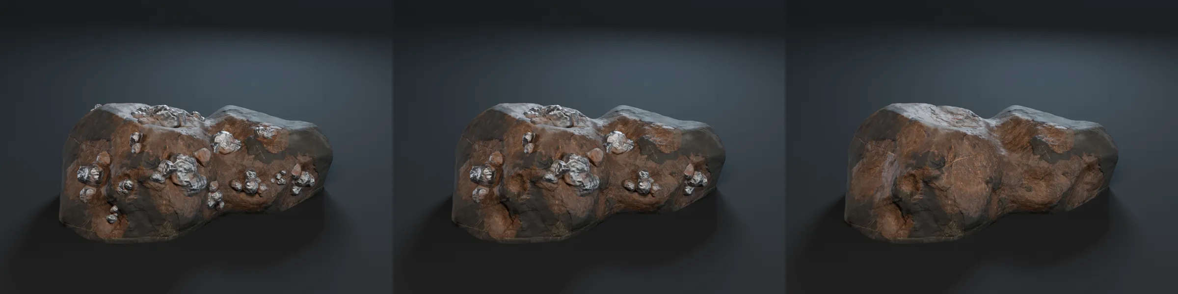 The same ore-bearing rock three times, with fewer ore clusters left in it each time.