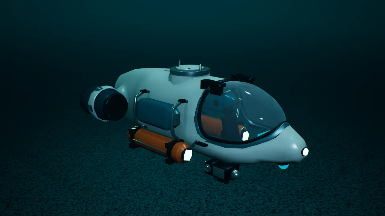 A small white submarine with a glass canopy and orange tanks resting on a dark seabed, headlamps on.